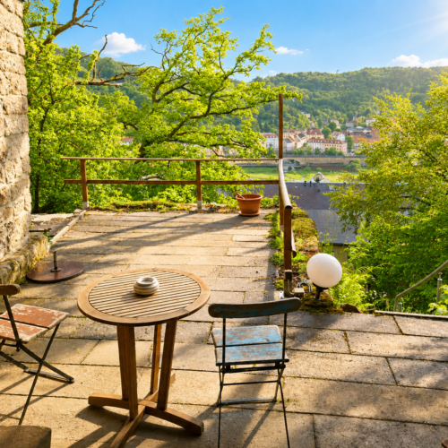 Das Bild zeigt die Terrasse vor der Untergeschoss Ferienwohnung in der Luxusboofe in Königstein