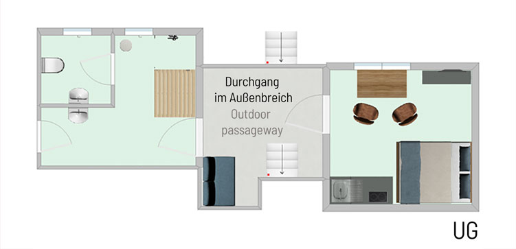 Das Bild zeigt den Grundriss der Untergeschoss Ferienwohnung in der Luxusboofe in Königstein