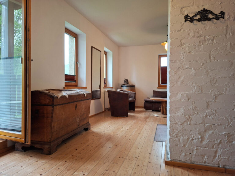Das Bild zeigt das Wohnzimmer in der Erdgeschoss Ferienwohnung in der Luxusboofe in Königstein