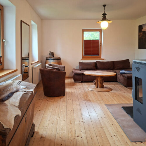 Das Bild zeigt das Wohnzimmer in der Erdgeschoss Ferienwohnung in der Luxusboofe in Königstein