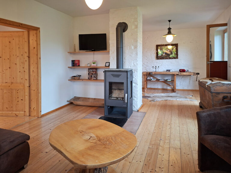 Das Bild zeigt das Wohnzimmer mit Kamin in der Erdgeschoss Ferienwohnung in der Luxusboofe in Königstein
