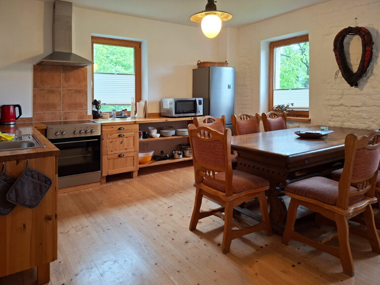 Das Bild zeigt die Küche mit Esstisch in der Erdgeschoss Ferienwohnung in der Luxusboofe in Königstein