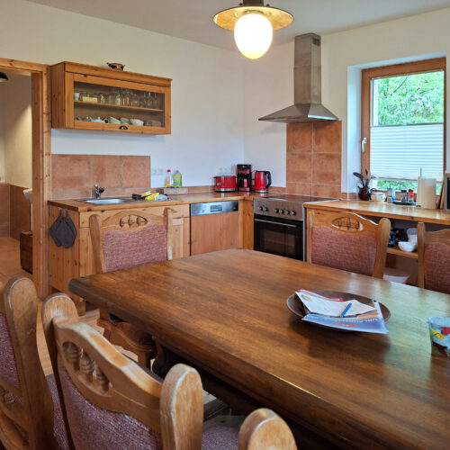 Das Bild zeigt die Küche mit Esstisch in der Erdgeschoss Ferienwohnung in der Luxusboofe in Königstein