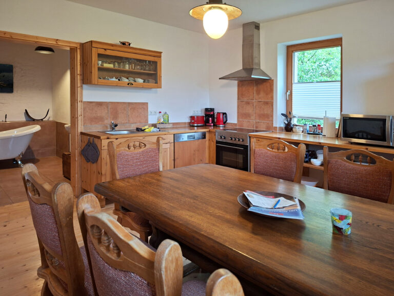 Das Bild zeigt die Küche mit Esstisch in der Erdgeschoss Ferienwohnung in der Luxusboofe in Königstein