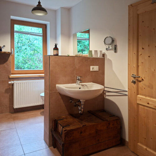 Das Bild zeigt das Waschbecken im Bad in der Erdgeschoss Ferienwohnung in der Luxusboofe in Königstein