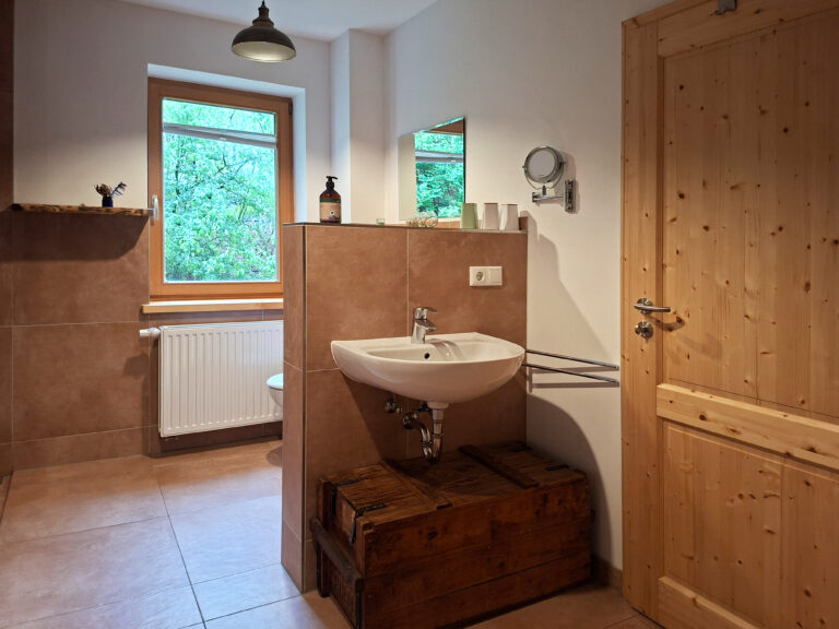 Das Bild zeigt das Waschbecken im Bad in der Erdgeschoss Ferienwohnung in der Luxusboofe in Königstein