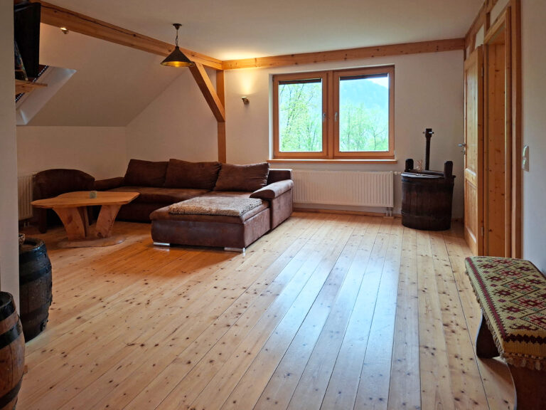 Das Bild zeigt das Wohnzimmer in der Obergeschoss Ferienwohnung in der Luxusboofe in Königstein
