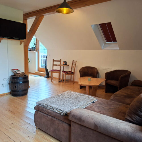 Das Bild zeigt das Wohnzimmer in der Obergeschoss Ferienwohnung in der Luxusboofe in Königstein