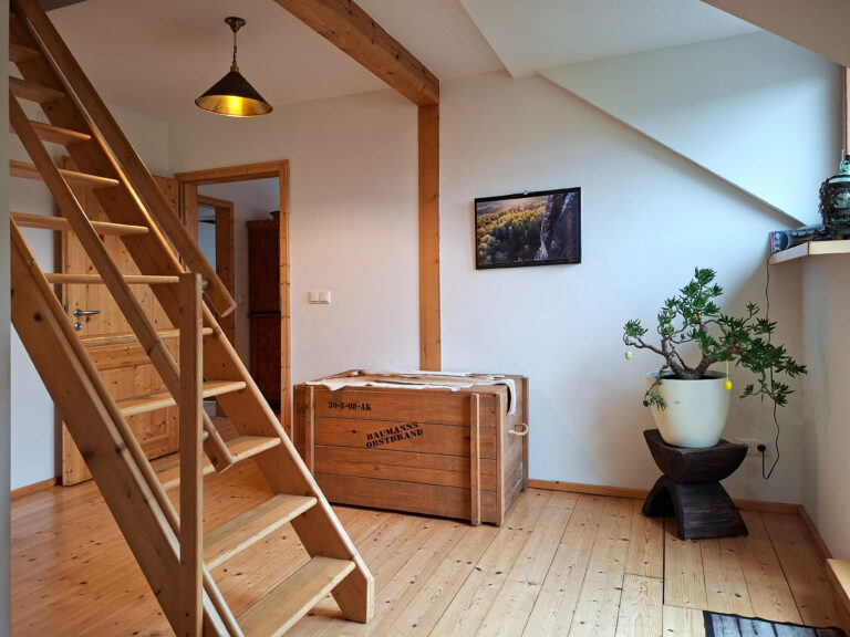 Das Bild zeigt den Aufgang vom Wohnzimmer zum Dachgeschoss in der Obergeschoss Ferienwohnung in der Luxusboofe in Königstein