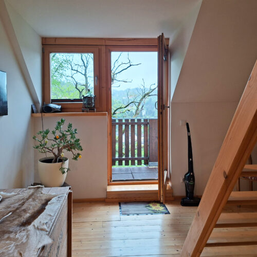 Das Bild zeigt den Blick auf den Balkon in der Obergeschoss Ferienwohnung in der Luxusboofe in Königstein
