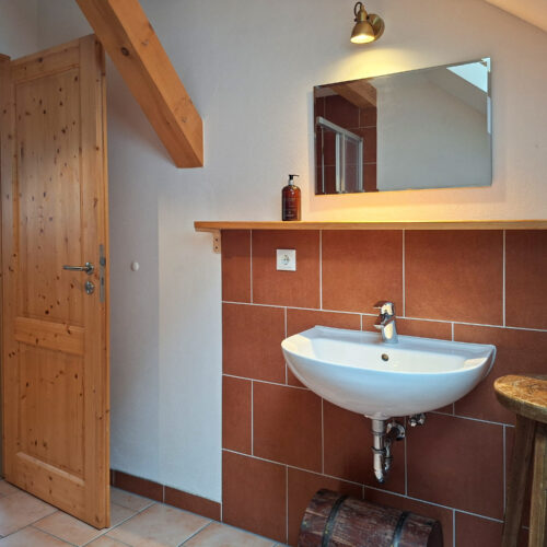 Das Bild zeigt das Waschbecken im Bad in der Obergeschoss Ferienwohnung in der Luxusboofe in Königstein