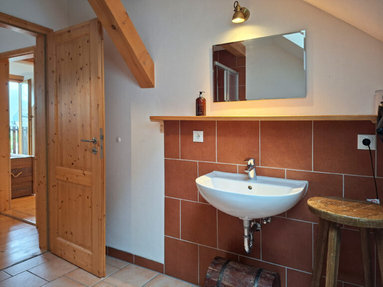 Das Bild zeigt das Waschbecken im Bad in der Obergeschoss Ferienwohnung in der Luxusboofe in Königstein