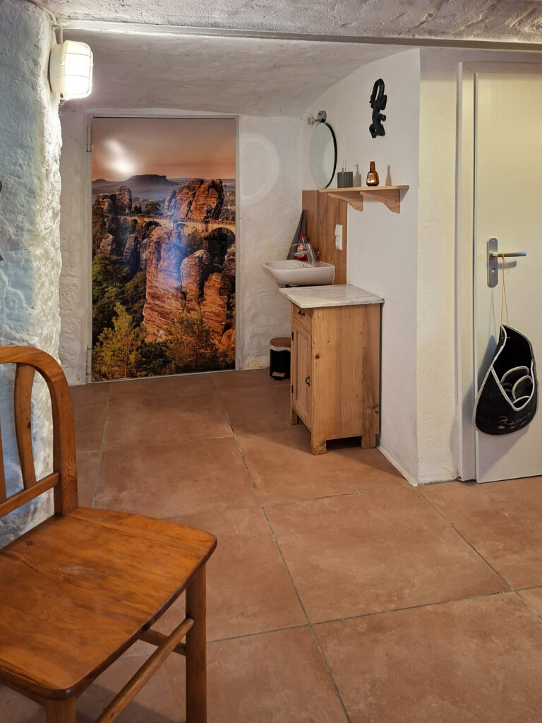 Das Bild zeigt das Bad mit Dusche und Infrarotkabine in der Untergeschoss Ferienwohnung in der Luxusboofe in Königstein