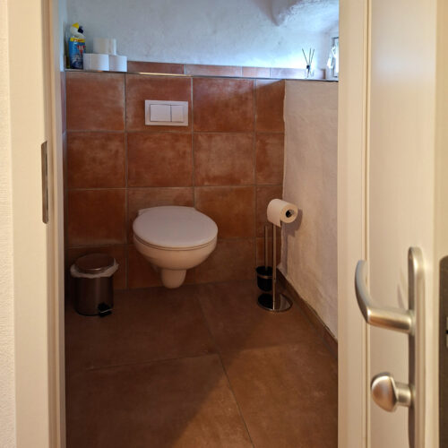 Das Bild zeigt das WC im Bad in der Untergeschoss Ferienwohnung in der Luxusboofe in Königstein