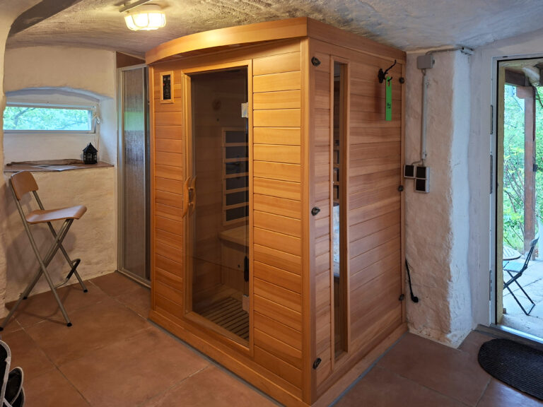 Das Bild zeigt das Bad mit Dusche und Infrarotkabine in der Untergeschoss Ferienwohnung in der Luxusboofe in Königstein