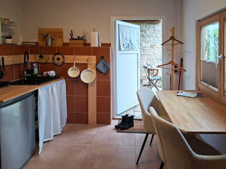 Das Bild zeigt das Zimmer mit Miniküche und Esstisch in der Untergeschoss Ferienwohnung in der Luxusboofe in Königstein