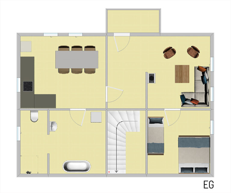 Das Bild zeigt den Grundriss der Erdgeschoss Ferienwohnung in der Luxusboofe in Königstein